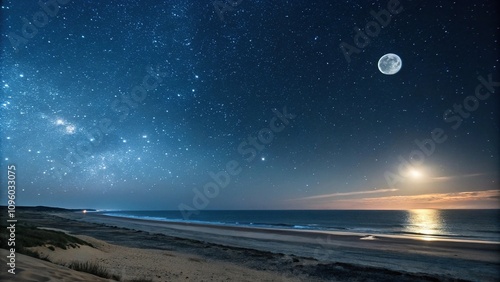 Night Sky Over Unpopulated Coastline, lunar illumination, night sky