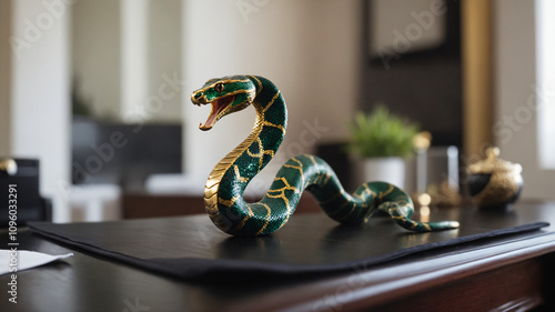 An abstract green snake elegantly coiled on a wooden office desk, captured with stunning depth of field. The festive New Year's illustration celebrates the Year of the Snake