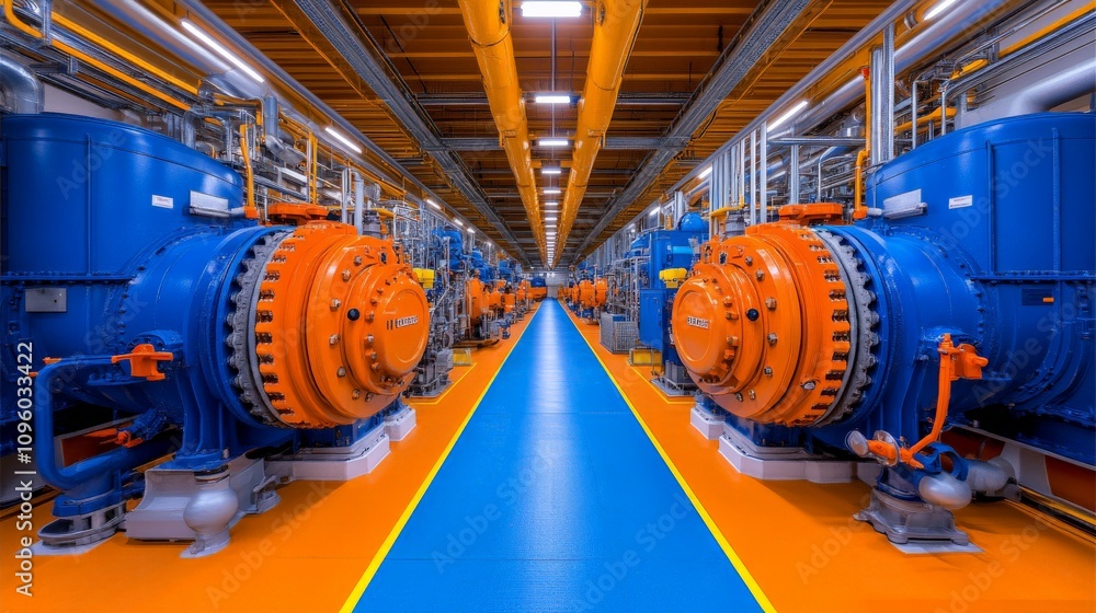 Industrial Powerhouse: A mesmerizing glimpse into a high-tech facility, showcasing a row of powerful, gleaming blue and orange industrial machinery. Industrial Powerhouse: A mesmerizing glimpse into a high-tech facility, showcasing a row of powerful, gleaming blue and orange industrial machinery.
