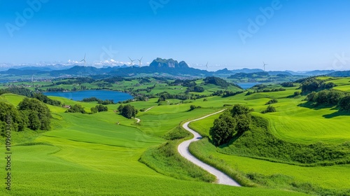 Serene Winding Road through Lush Green Hills: A winding country road meanders through rolling green hills, showcasing the beauty of the natural landscape under a clear blue sky.