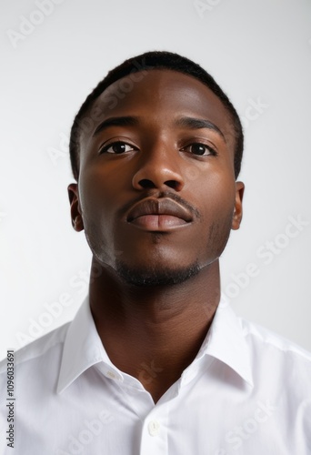 Portrait, African American man, short dark hair, serious expression, white collar shirt, neutral background, studio lighting, high contrast, sharp details, confident pose, head and shoulders shot, cle