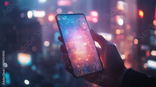 Creative background, male hand holding a phone with a 5G hologram on the background of the city. The concept of 5G network, high-speed mobile Internet, new generation networks. Copy space, photo