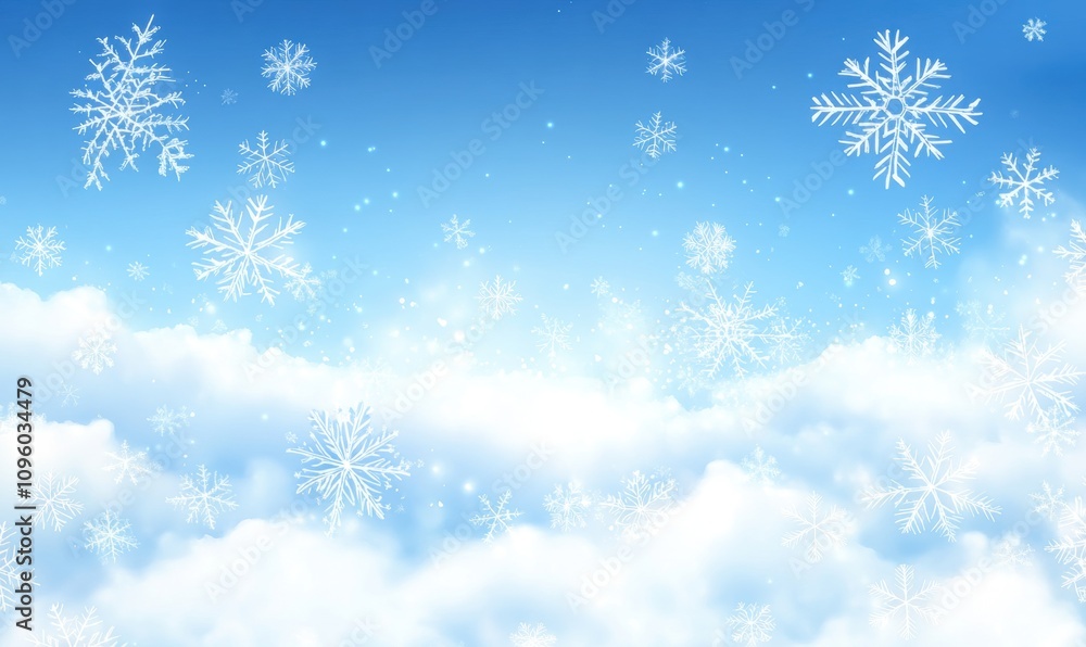 Beautiful Winter Wonderland with Soft Fluffy Clouds and Delicate Snowflakes Against a Bright Blue Sky, Perfect for Holiday and Seasonal Themes Beautiful Winter Wonderland with Soft Fluffy Clouds and Delicate Snowflakes Against a Bright Blue Sky, Perfect for Holiday and Seasonal Themes