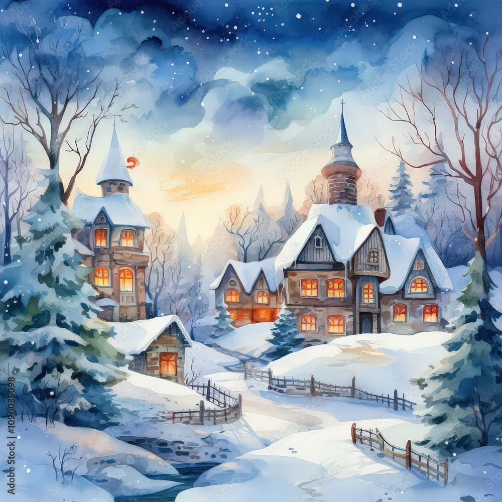 Watercolor Christmas village in the snow, Christmas card illustration. Watercolor Christmas village in the snow, Christmas card illustration.