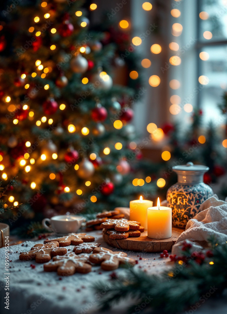 Table with cookies and candles by a Christmas tree. Table with cookies and candles by a Christmas tree.