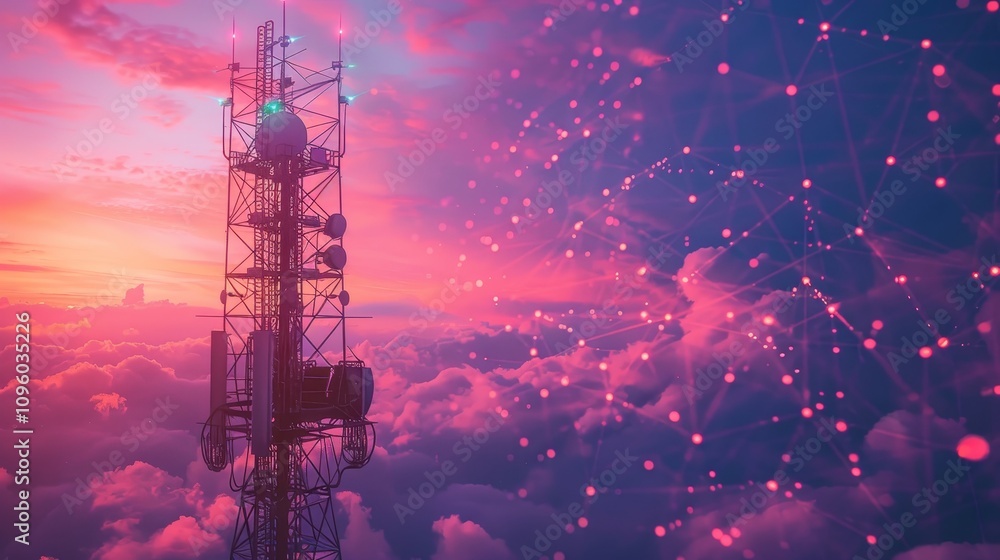 Mobile telecommunication cell tower with transmit digital light, antenna telecom concept Mobile telecommunication cell tower with transmit digital light, antenna telecom concept