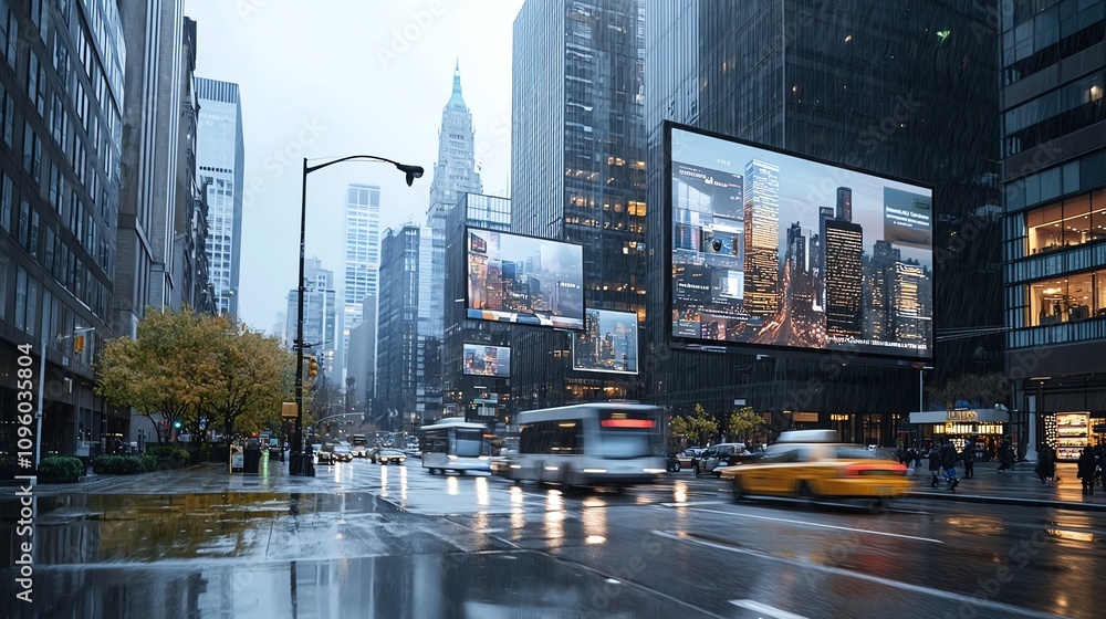 Obraz premium Rain-soaked city street with bustling traffic.