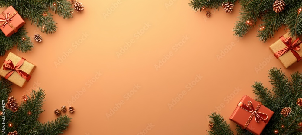 Festive Christmas Background with Gifts, Pine Branches, and Pine Cones on a Warm Orange Surface, Perfect for Holiday Designs and Seasonal Celebrations Festive Christmas Background with Gifts, Pine Branches, and Pine Cones on a Warm Orange Surface, Perfect for Holiday Designs and Seasonal Celebrations