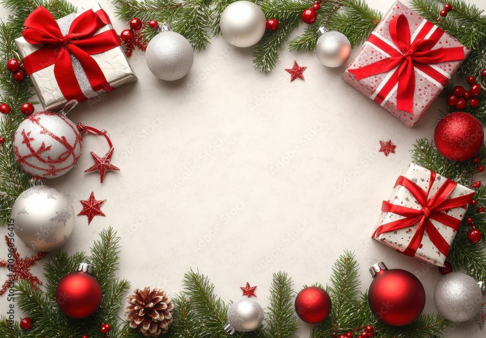 Festive Christmas Decoration with Gifts, Ornaments, and Pine Branches Creating a Beautiful Holiday Frame for Your Seasonal Celebrations and Marketing Needs Festive Christmas Decoration with Gifts, Ornaments, and Pine Branches Creating a Beautiful Holiday Frame for Your Seasonal Celebrations and Marketing Needs