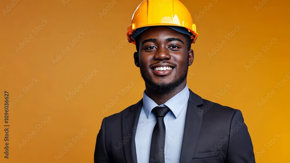 Professional construction worker in suit with yellow hard hat poses confidently against bright orange background Professional construction worker in suit with yellow hard hat poses confidently against bright orange background