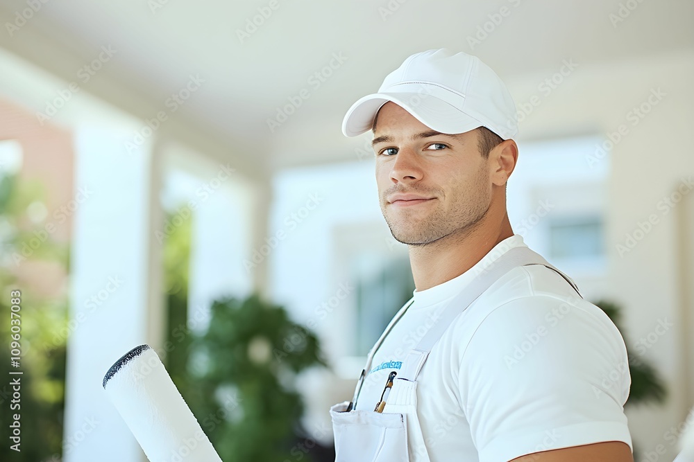 A young male painter stands outdoors with a paint roller and plans in hand. He is dressed in a white shirt and cap, ready for his next home improvement task under clear skies. A young male painter stands outdoors with a paint roller and plans in hand. He is dressed in a white shirt and cap, ready for his next home improvement task under clear skies.