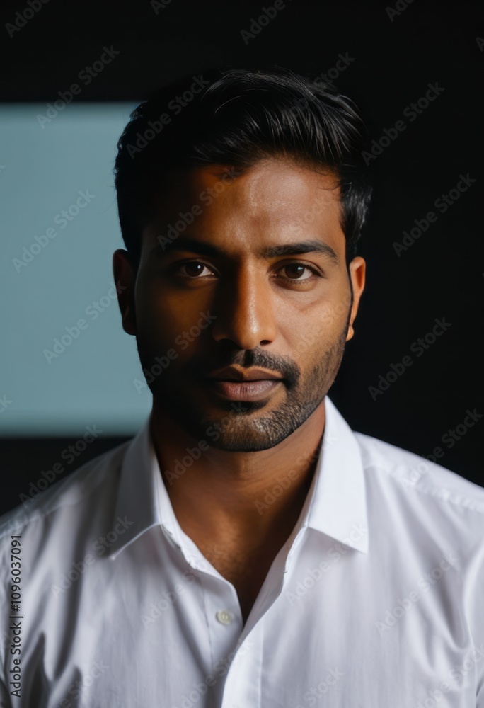 Portrait, South Asian man, intense gaze, white button-up shirt, dark background, dramatic lighting, chiseled features, well-groomed beard, deep brown eyes, high contrast, studio photography, sharp foc Portrait, South Asian man, intense gaze, white button-up shirt, dark background, dramatic lighting, chiseled features, well-groomed beard, deep brown eyes, high contrast, studio photography, sharp foc
