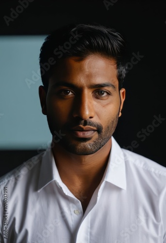 Portrait, South Asian man, intense gaze, white button-up shirt, dark background, dramatic lighting, chiseled features, well-groomed beard, deep brown eyes, high contrast, studio photography, sharp foc