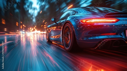 A sleek car speeds through a blurred urban landscape at dusk, showcasing motion and speed.