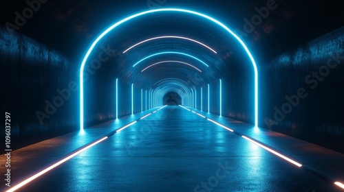 A long tunnel with neon lights on the walls