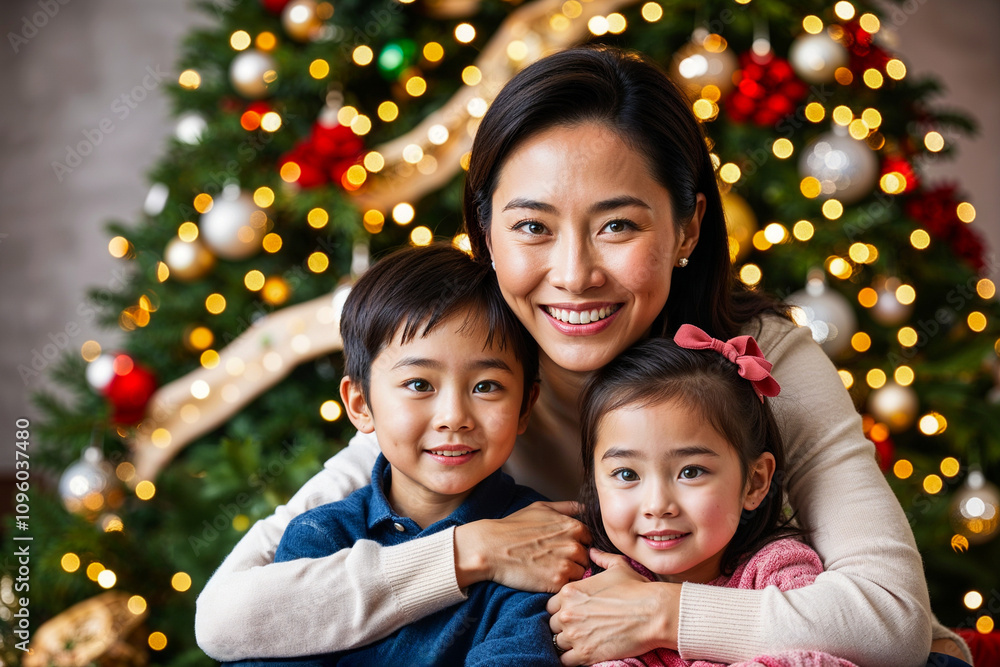 Cherished Moments: Asian Mum Posing with Her Children in Front of a Christmas Tree Cherished Moments: Asian Mum Posing with Her Children in Front of a Christmas Tree
