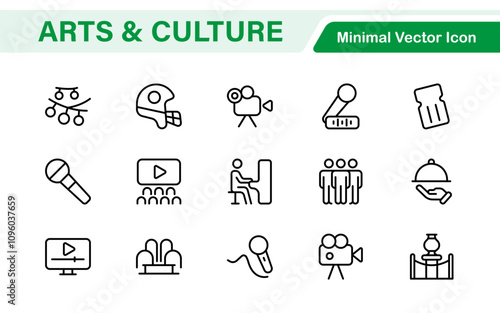Arts and Culture Icon Set. High-quality icons for Museums, Music, Dance, Theater, Festivals, artistic Expression, Traditions, History, Crafts, and Creative Activities