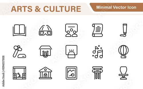 Arts and Culture Icon Set. High-quality icons for Museums, Music, Dance, Theater, Festivals, artistic Expression, Traditions, History, Crafts, and Creative Activities