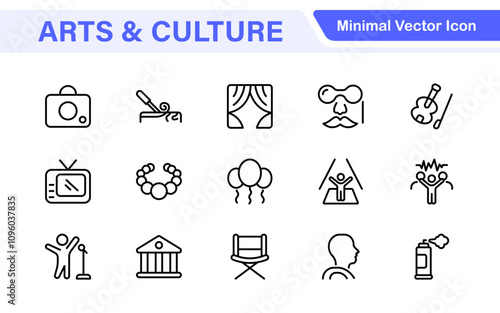 Arts and Culture Icon Set. High-quality icons for Museums, Music, Dance, Theater, Festivals, artistic Expression, Traditions, History, Crafts, and Creative Activities