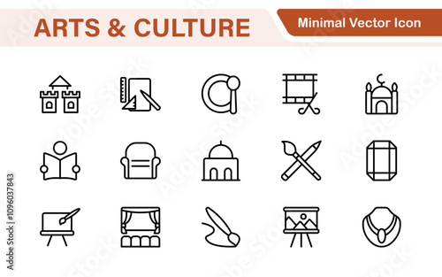 Arts and Culture Icon Set. High-quality icons for Museums, Music, Dance, Theater, Festivals, artistic Expression, Traditions, History, Crafts, and Creative Activities