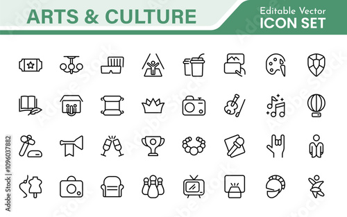 Arts and Culture Icon Set. High-quality icons for Museums, Music, Dance, Theater, Festivals, artistic Expression, Traditions, History, Crafts, and Creative Activities