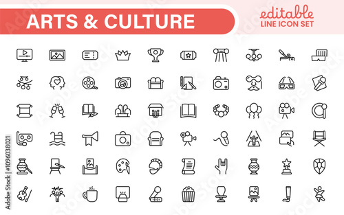 Arts and Culture Icon Set. High-quality icons for Museums, Music, Dance, Theater, Festivals, artistic Expression, Traditions, History, Crafts, and Creative Activities