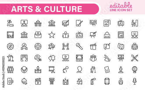 Arts and Culture Icon Set. High-quality icons for Museums, Music, Dance, Theater, Festivals, artistic Expression, Traditions, History, Crafts, and Creative Activities