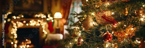 Christmas tree with baubles and lights in family room with fireplace.