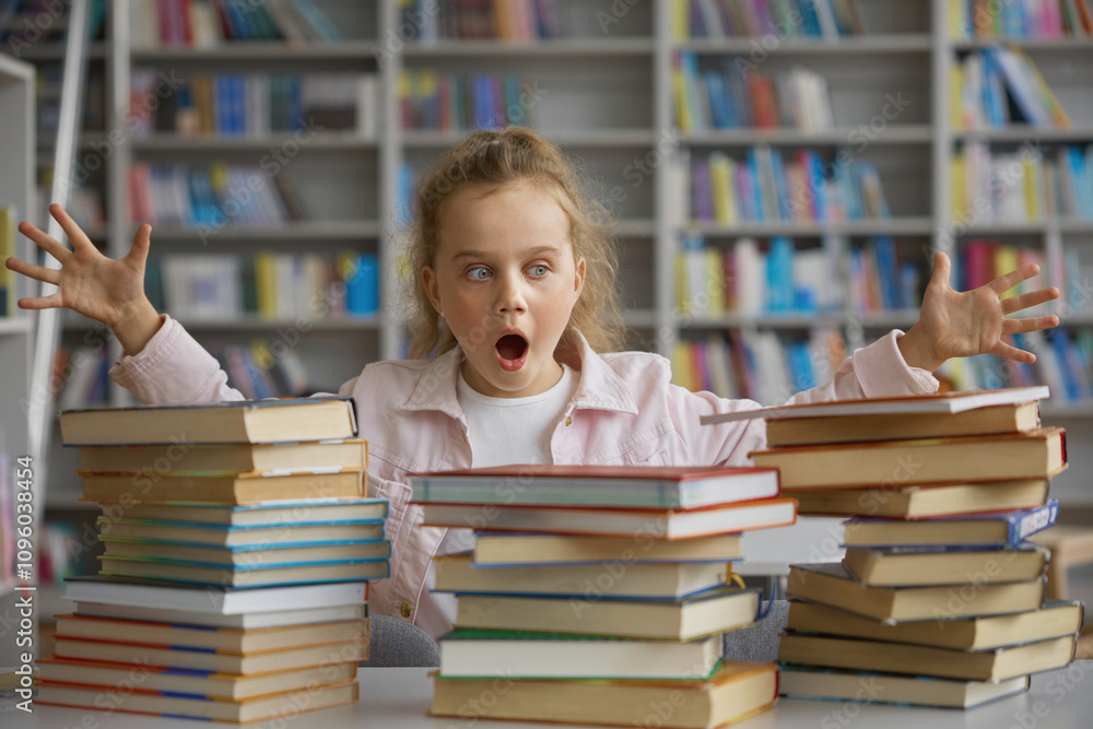 Shocked little school girl looking at stack of textbooks on table in library Shocked little school girl looking at stack of textbooks on table in library