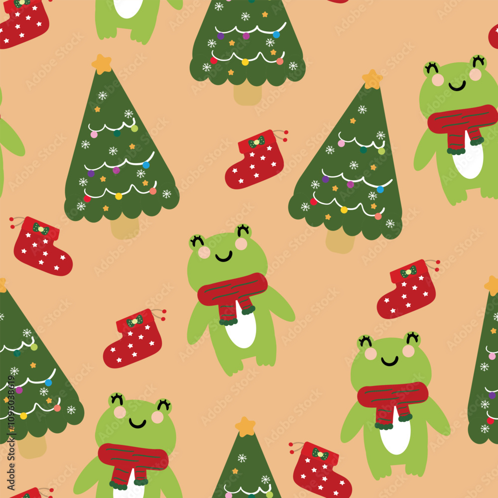 Seamless pattern cartoon frog with christmas tree. cute christmas and winter wallpaper for fabric print, gift wrap paper Seamless pattern cartoon frog with christmas tree. cute christmas and winter wallpaper for fabric print, gift wrap paper