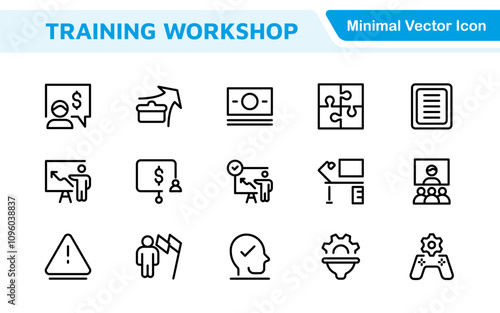 Set of Workshop and Coaching line icons. Outline icon collection related to training, coaching, mentoring, education, meetings, conferences, and teamwork.
