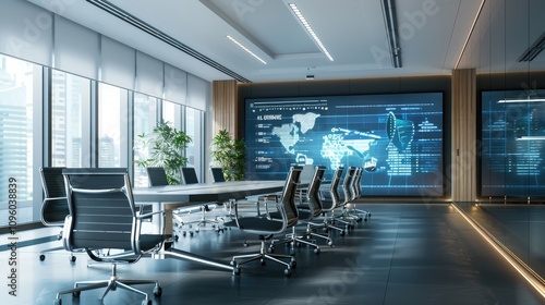 A modern conference room with a large digital screen displaying the strategic goals of the merged companies 32k