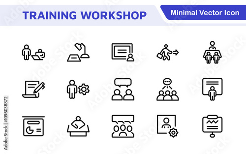 Set of Workshop and Coaching line icons. Outline icon collection related to training, coaching, mentoring, education, meetings, conferences, and teamwork.