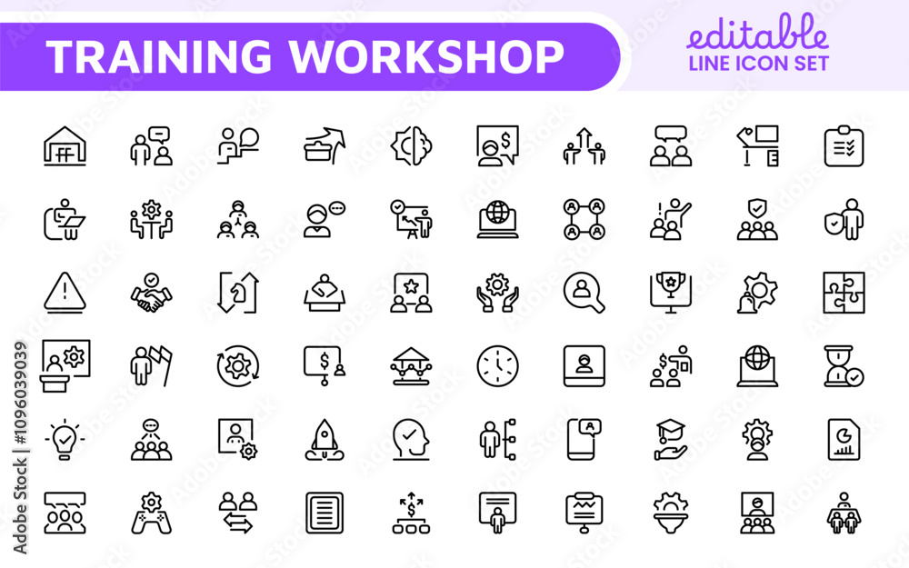 Set of Workshop and Coaching line icons. Outline icon collection related to training, coaching, mentoring, education, meetings, conferences, and teamwork. Set of Workshop and Coaching line icons. Outline icon collection related to training, coaching, mentoring, education, meetings, conferences, and teamwork.