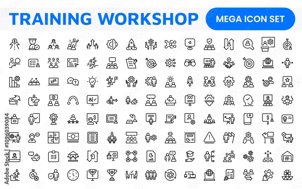 Set of Workshop and Coaching line icons. Outline icon collection related to training, coaching, mentoring, education, meetings, conferences, and teamwork. Set of Workshop and Coaching line icons. Outline icon collection related to training, coaching, mentoring, education, meetings, conferences, and teamwork.