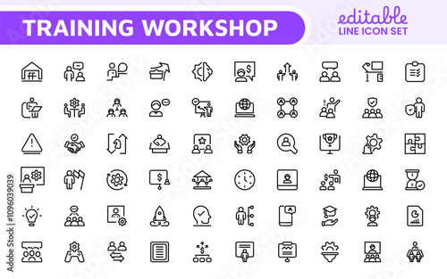 Set of Workshop and Coaching line icons. Outline icon collection related to training, coaching, mentoring, education, meetings, conferences, and teamwork.