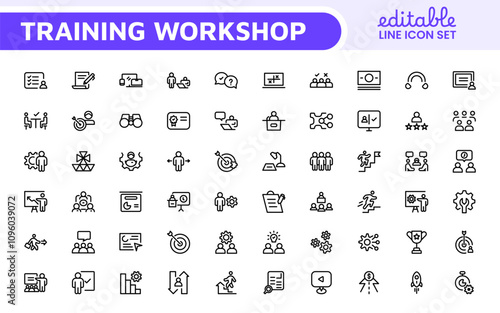 Set of Workshop and Coaching line icons. Outline icon collection related to training, coaching, mentoring, education, meetings, conferences, and teamwork.