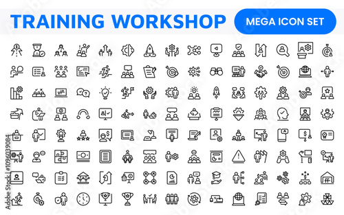 Set of Workshop and Coaching line icons. Outline icon collection related to training, coaching, mentoring, education, meetings, conferences, and teamwork.