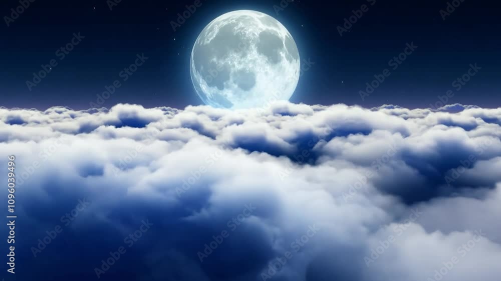 The night sky reveals a large, glowing moon illuminating soft, white clouds, creating a peaceful and serene atmosphere above. The night sky reveals a large, glowing moon illuminating soft, white clouds, creating a peaceful and serene atmosphere above.