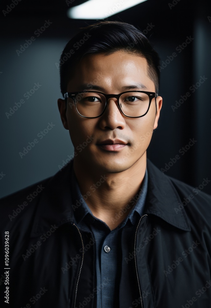 Portrait, Asian man, glasses, serious expression, dark shirt, studio lighting, dramatic shadows, high contrast, professional headshot, side light, sharp focus, muted colors, minimalist background, int Portrait, Asian man, glasses, serious expression, dark shirt, studio lighting, dramatic shadows, high contrast, professional headshot, side light, sharp focus, muted colors, minimalist background, int