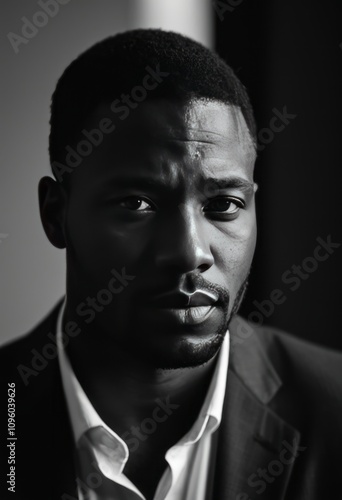 Side pictures black and white of a sad man looking at camera black businessman portrait Ultra realistic Photorealistic hyperdetailed photography soft light head and shoulders portrait cover