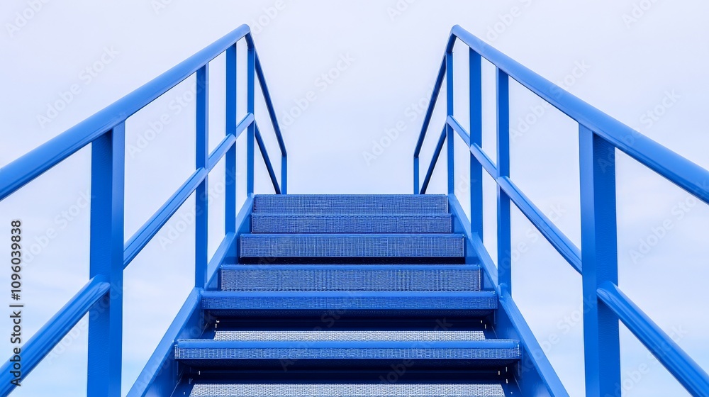 Blue Steel Stairway to Success: A minimalist shot of a blue steel staircase leading upwards, symbolizing the journey to achievement and the climb towards goals. Blue Steel Stairway to Success: A minimalist shot of a blue steel staircase leading upwards, symbolizing the journey to achievement and the climb towards goals.