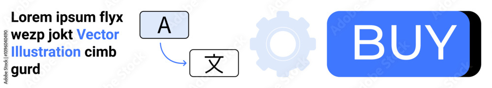 Language translation symbols, a gear icon, and a large blue BUY button on the right. Ideal for e-commerce, translation services, website functionality, user interface, digital transactions, online Language translation symbols, a gear icon, and a large blue BUY button on the right. Ideal for e-commerce, translation services, website functionality, user interface, digital transactions, online