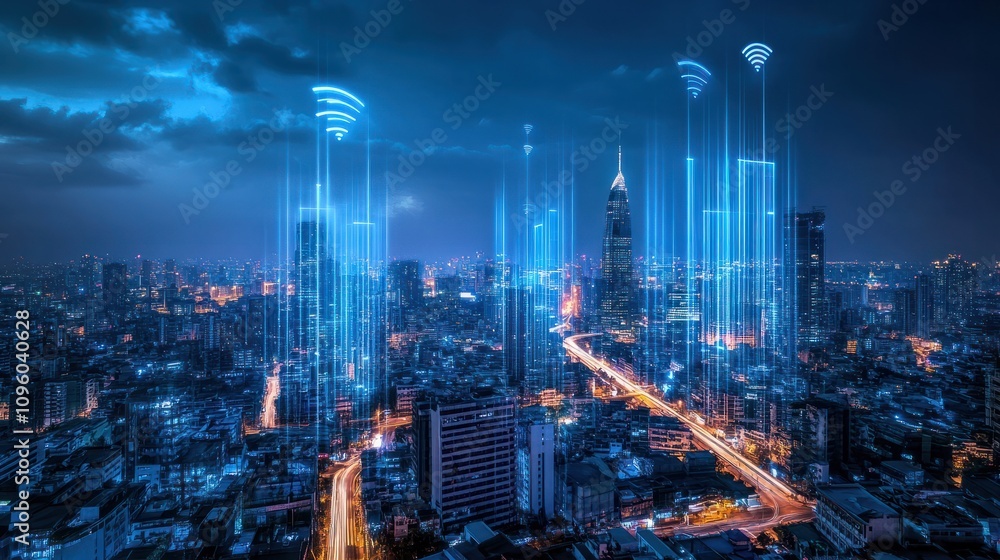 Fototapeta premium Illuminated Urban Landscape Showcasing 5G Network Connectivity in a Modern City