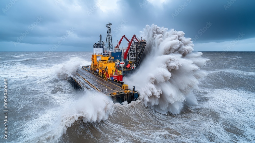 Stormy Seas, Brave Vessel: A powerful image of a ship braving a storm with a towering wave crashing behind it, the wind whipping through the air. Stormy Seas, Brave Vessel: A powerful image of a ship braving a storm with a towering wave crashing behind it, the wind whipping through the air.