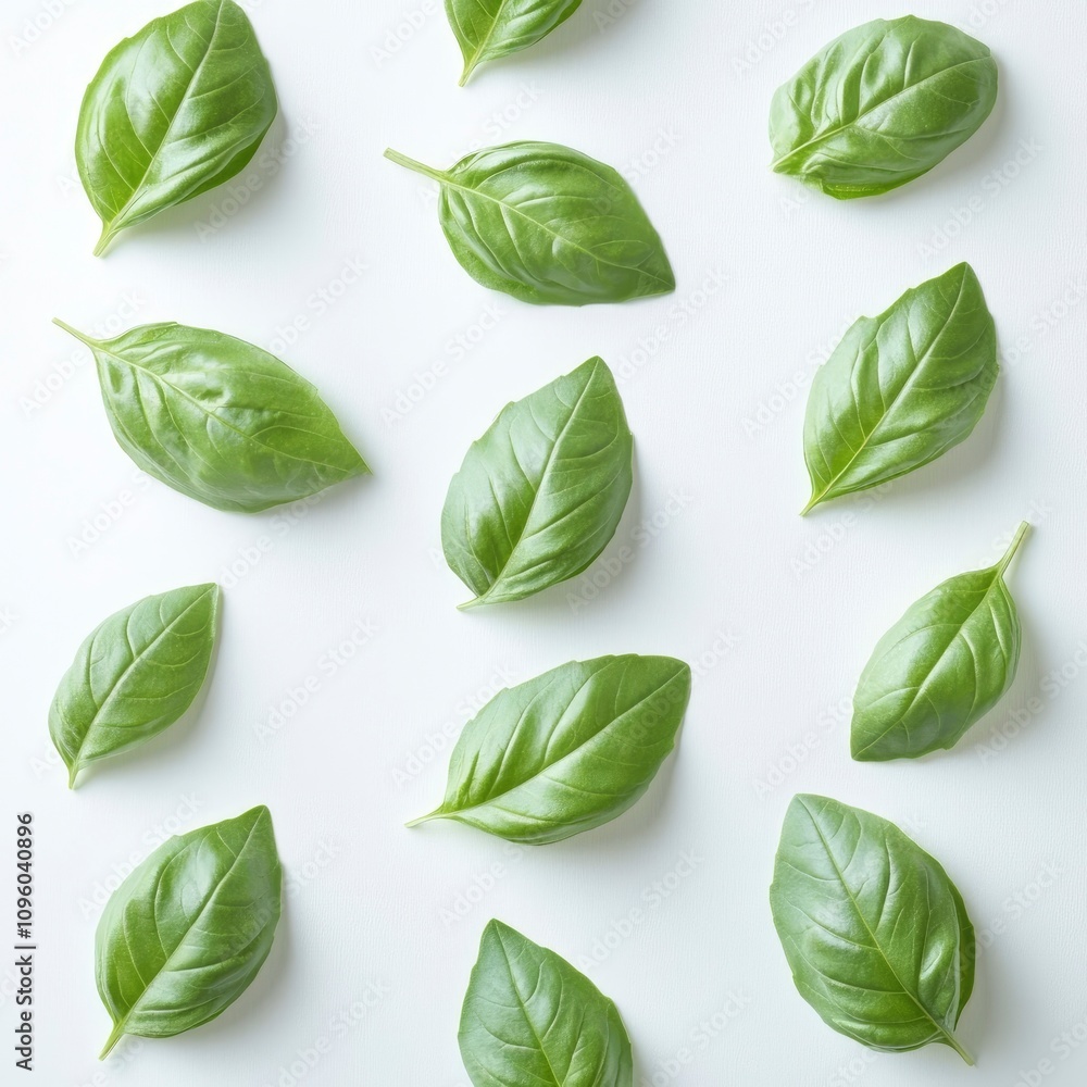 A flat lay of fresh basil leaves arranged on a white background. A flat lay of fresh basil leaves arranged on a white background.