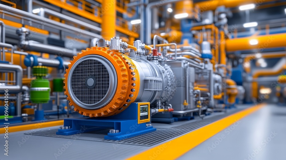 Industrial Turbine Powerhouse: A close-up of a powerful industrial turbine, showcasing its intricate details and robust construction within a bustling factory setting. Industrial Turbine Powerhouse: A close-up of a powerful industrial turbine, showcasing its intricate details and robust construction within a bustling factory setting.
