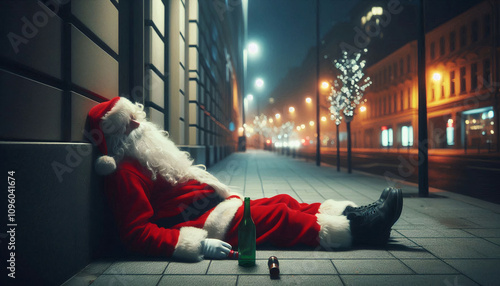 A melancholy Santa Claus slumped against a wall on a quiet urban street at night, holding a bottle