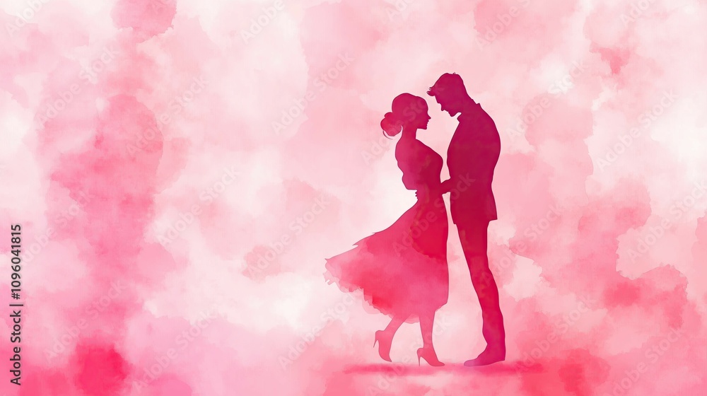Romantic silhouette of couple in pink watercolor background for valentine's day Romantic silhouette of couple in pink watercolor background for valentine's day