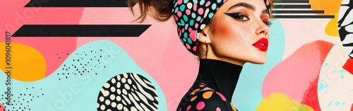 A model poses confidently, showcasing bold makeup and colorful polka dot fashion in front of a vibrant abstract background. The image captures a modern artistic vibe and style